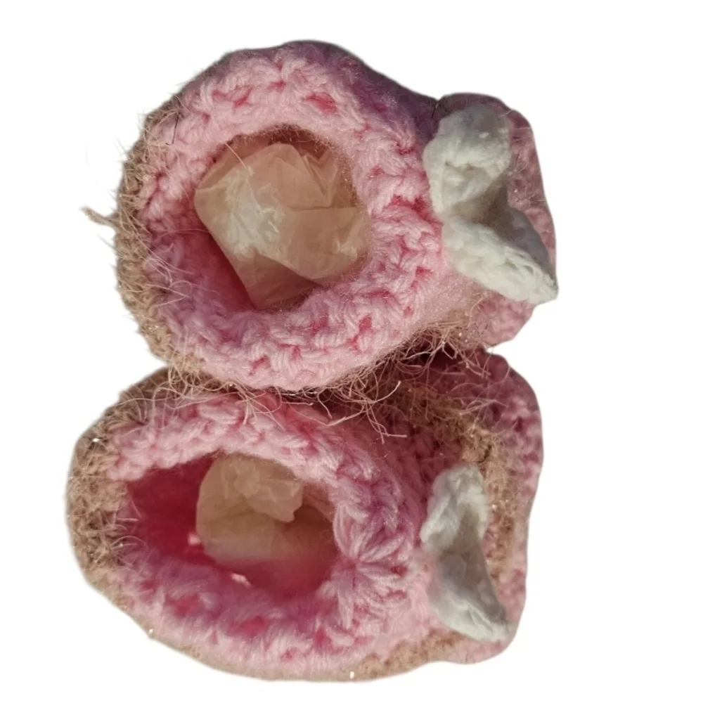 Hand Crochet Baby Booties Pink White Heart Valentine Granny Square Baby shoes 5